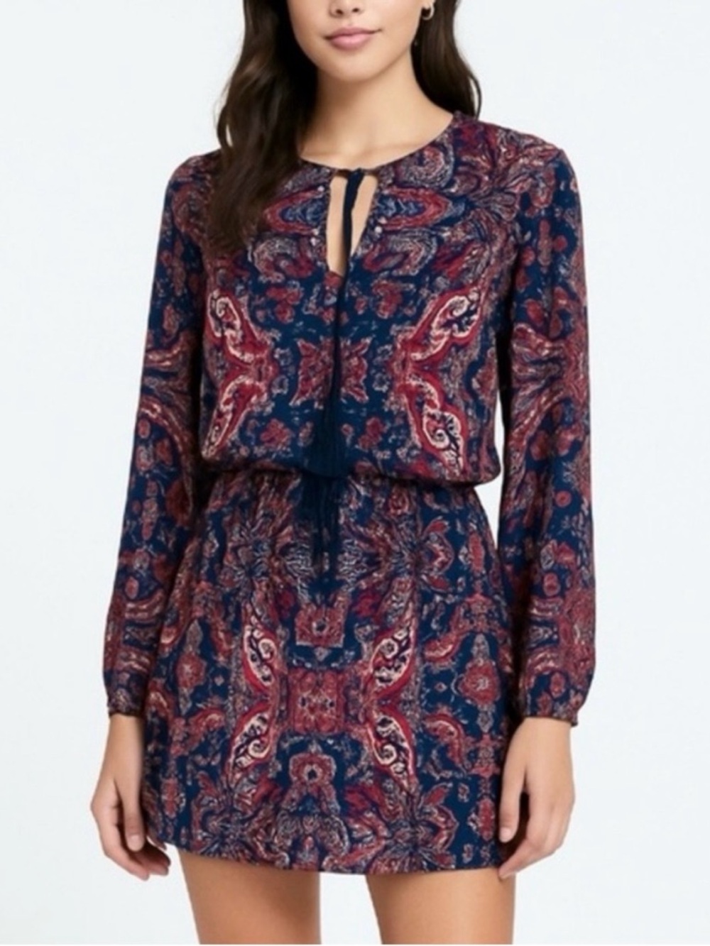 Parker long-sleeve silk dress in a navy and burgundy paisley print size L